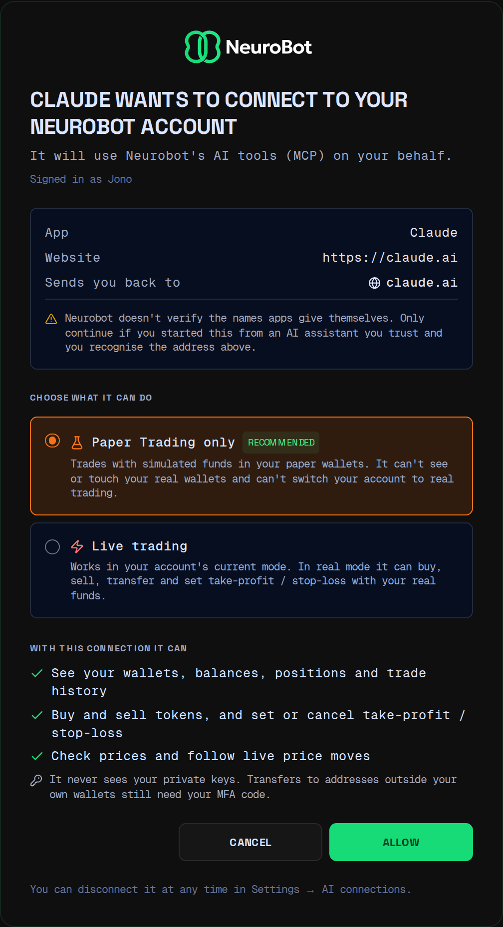 The connection request, with the app's name, website and return address