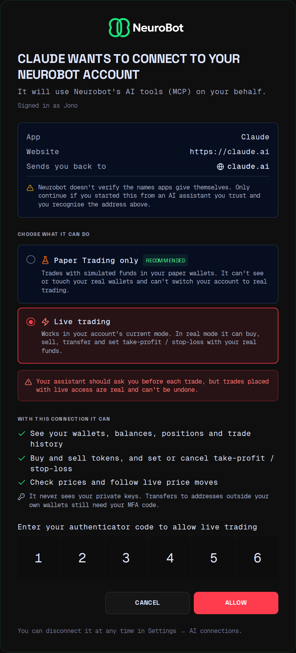 Live trading selected, with the warning and the authenticator code