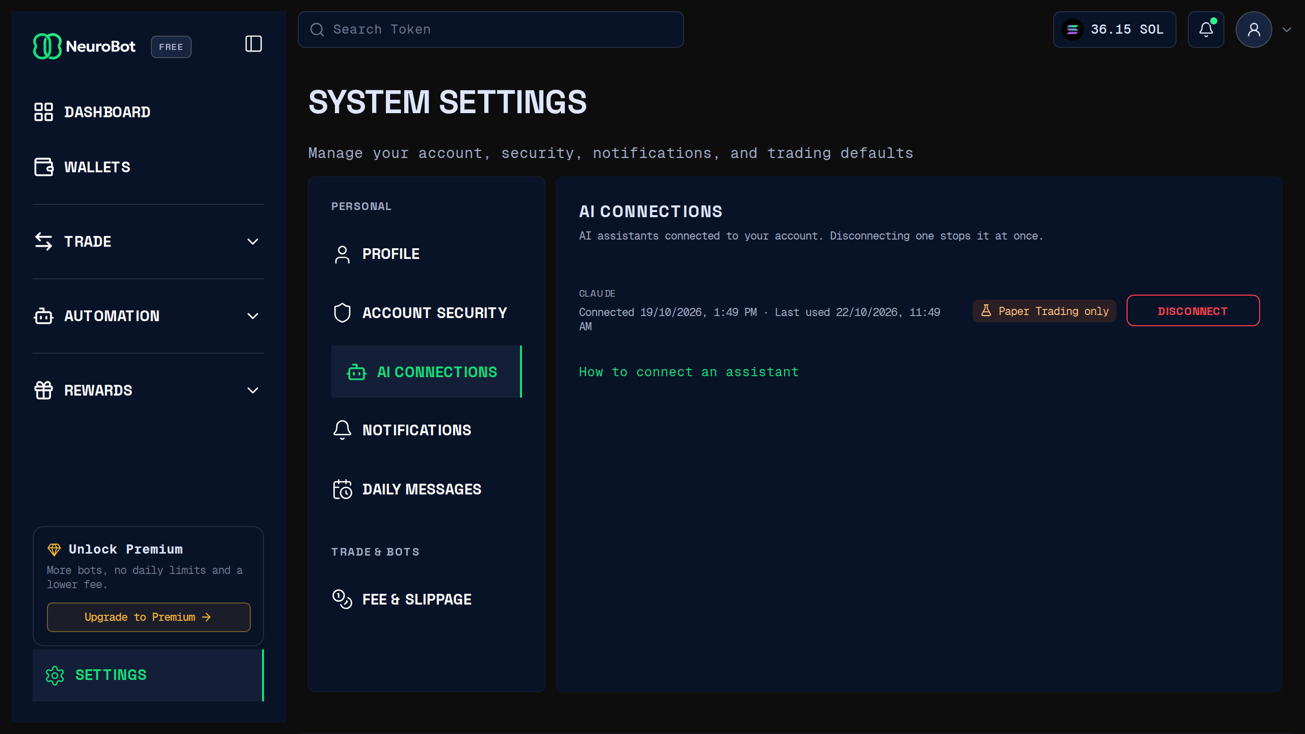 Settings → AI connections, with one connected assistant